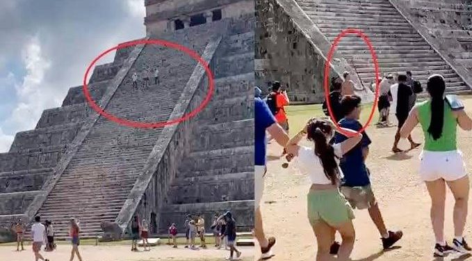 Turista subió a la pirámide en Chichén Itzá, lo cual es prohibido.